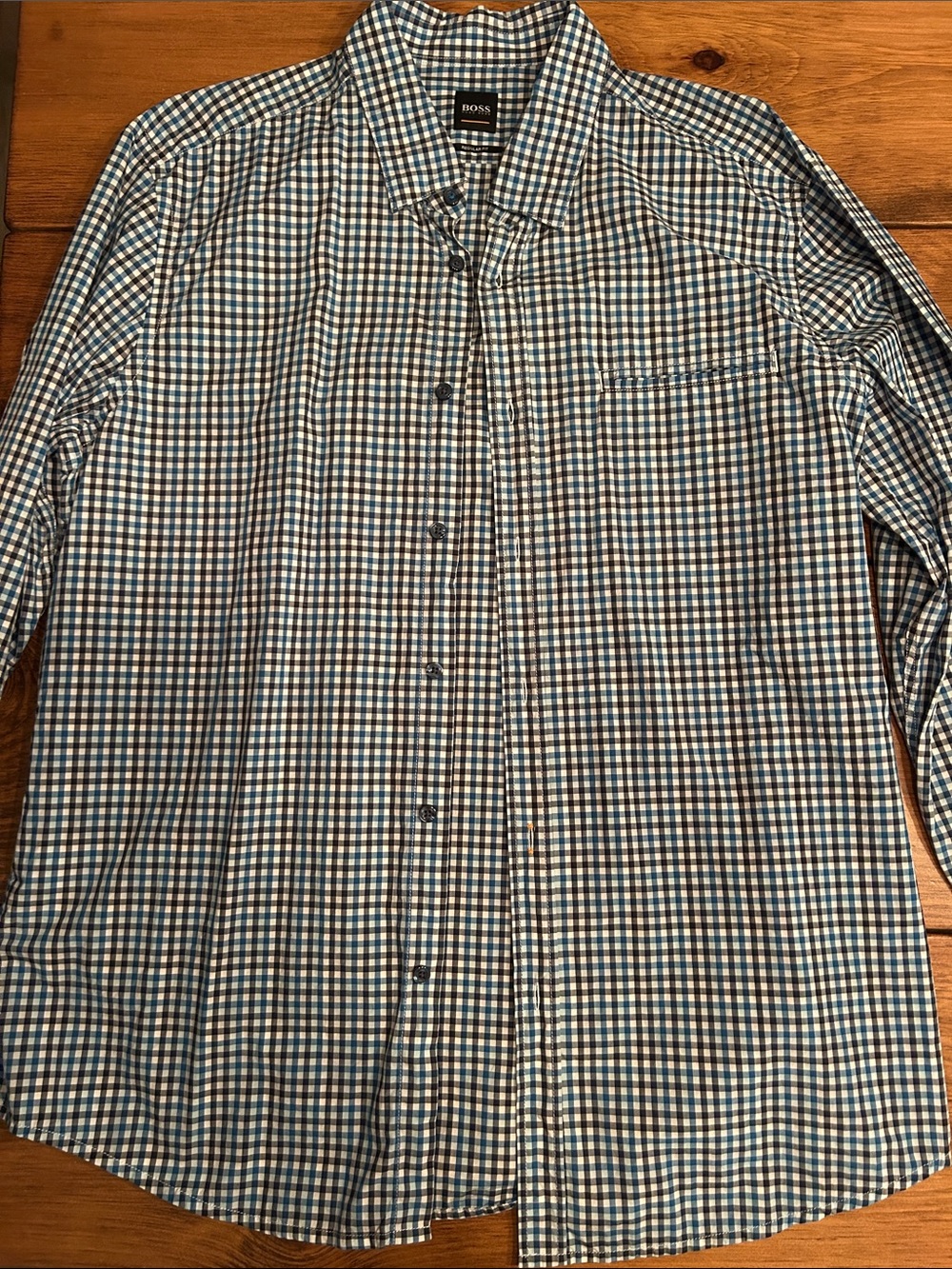 Hugo BOSS Men's Blue, Brown & White Check Button-Up Shirt
